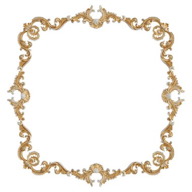 Beyaz arka planda altın işlemeli beyaz süs. İzole edilmiş. 3B illüstrasyon