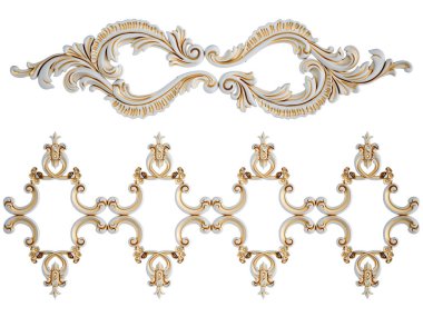 Beyaz arka planda altın işlemeli beyaz süs. İzole edilmiş. 3B illüstrasyon