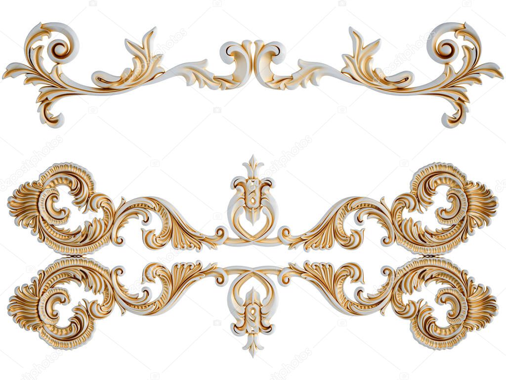 White ornament with gold patina on a white background. Isolated. 3D illustration