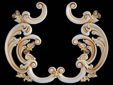 Siyah arka planda altın işlemeli beyaz süs. İzole edilmiş. 3B illüstrasyon