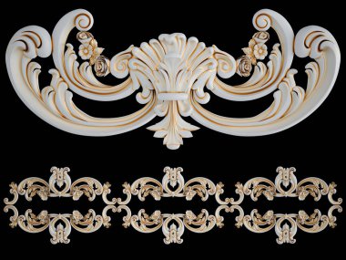 Siyah arka planda altın işlemeli beyaz süs. İzole edilmiş. 3B illüstrasyon