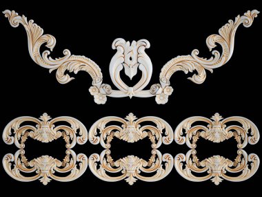 Siyah arka planda altın işlemeli beyaz süs. İzole edilmiş. 3B illüstrasyon