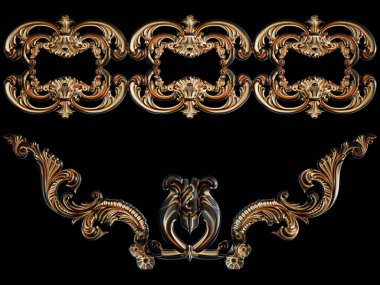Siyah bir arka planda altın Patina ile siyah süsleme. Izole. 3D çizim