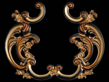 Siyah bir arka planda altın Patina ile siyah süsleme. Izole. 3D çizim