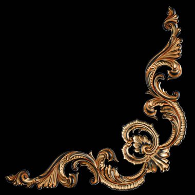 Siyah bir arka planda altın Patina ile siyah süsleme. Izole. 3D çizim