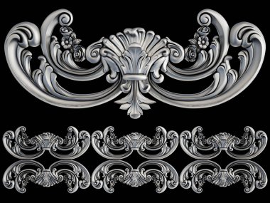 Siyah bir arka plan üzerinde krom süsleme. İzole. 3D çizim