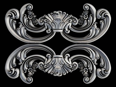 Siyah bir arka plan üzerinde krom süsleme. İzole. 3D çizim