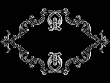 Siyah bir arka plan üzerinde krom süsleme. İzole. 3D çizim