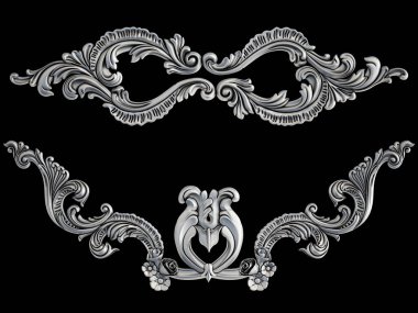 Siyah bir arka plan üzerinde krom süsleme. İzole. 3D çizim