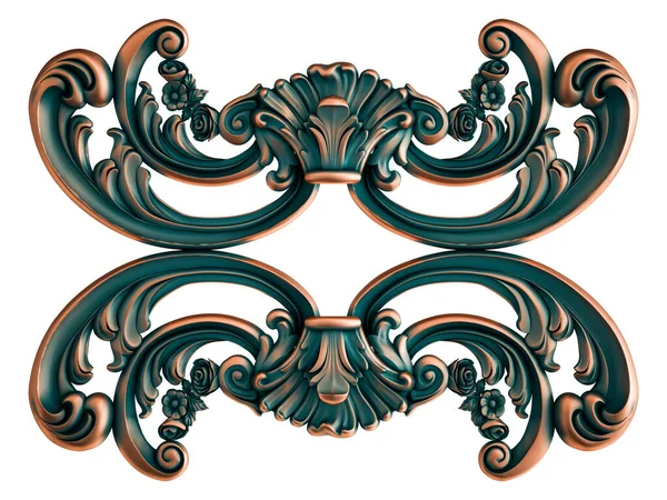 Collection of copper ornaments with green patina on a white background. Isolated. Isolated. 3D illustration