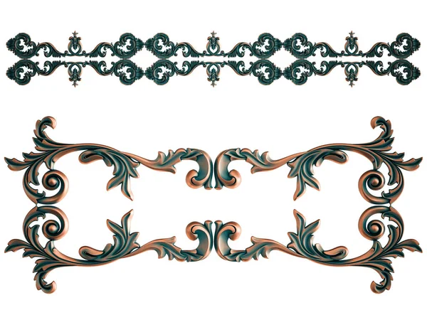 Verzameling Van Koperen Ornamenten Met Groene Patina Een Witte Achtergrond — Stockfoto