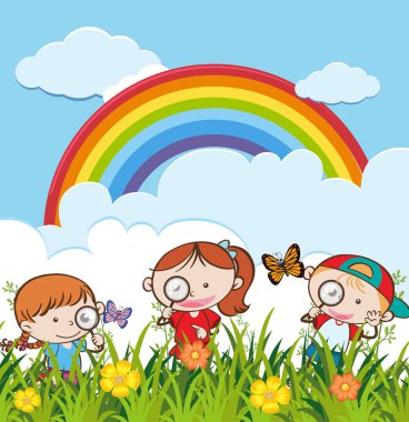 Bir grup polis çocuk keşfetmek Bahçe illüstrasyon