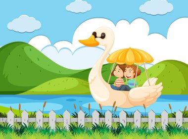 Çift ördek pedallı bot nehir illüstrasyon, sürme