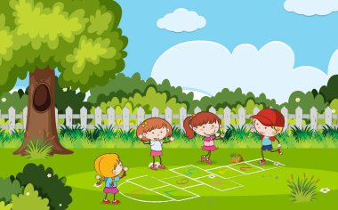 Park çizimde Seksek oynayan çocuklar