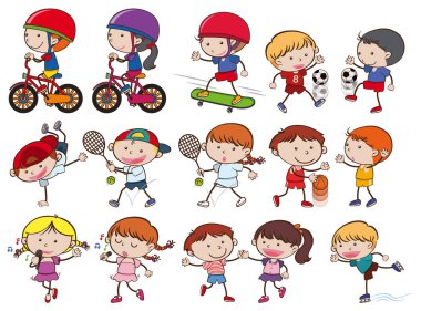Bir ayarla, Doodle çocuk spor aktiviteleri illüstrasyon