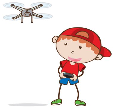Doodle çocuk oynamaya Drone üzerinde beyaz arka plan illüstrasyon
