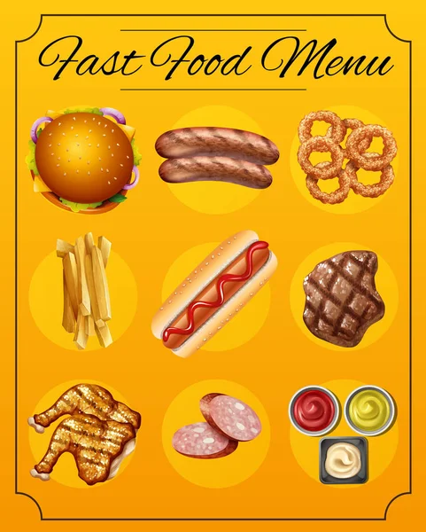 Fast Food Menu Żółtym Tle Ilustracja — Wektor stockowy