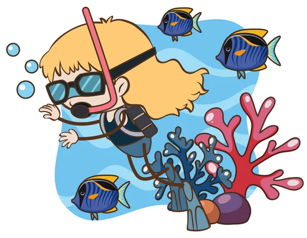 Girl Scuba Diving Underwater Illustration — Stock Vector