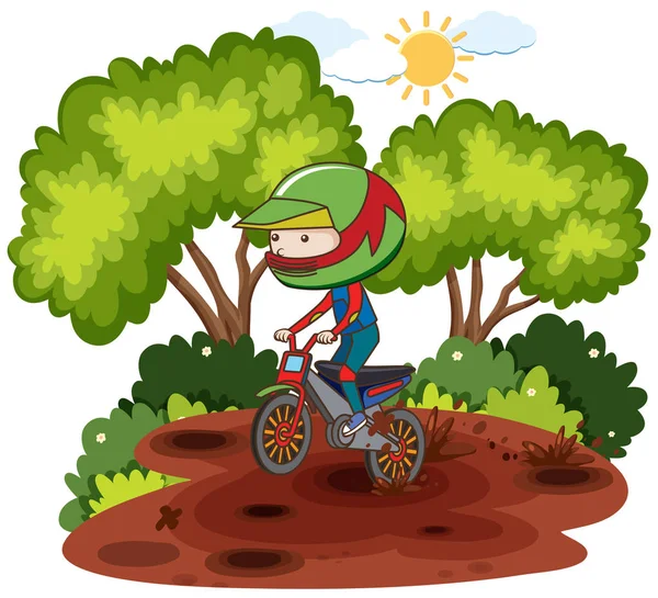 Criança Montando Dirtbike Através Forrest Ilustração — Vetor de Stock