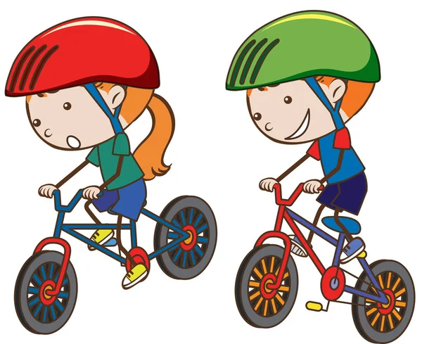 Doodle Kids Montar Bicicleta Sobre Fondo Blanco Ilustración — Archivo Imágenes Vectoriales