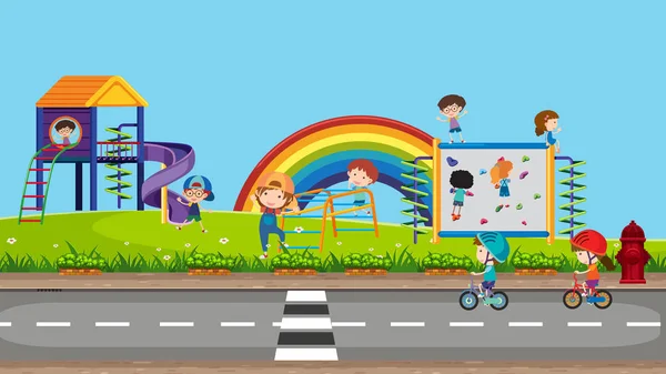 Bambini Felici Che Giocano Parco Giochi Illustrazione — Vettoriale Stock