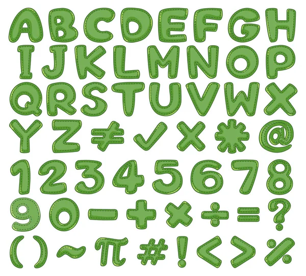 Grünes Englisches Alphabet Und Zahlenillustration — Stockvektor