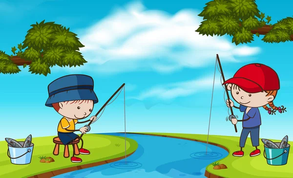涂鸦孩子钓鱼在河例证 — 图库矢量图片