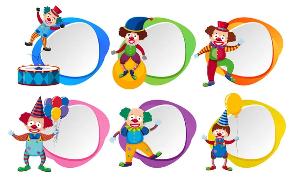 Zes Clowns Kleur Sjabloon Illustratie — Stockvector