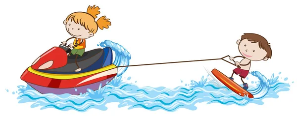 Doodle Kids Wakeboarding Océano Ilustración — Archivo Imágenes Vectoriales