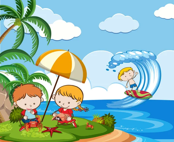 Enfants Jouant Plage Illustration — Image vectorielle