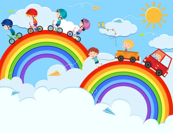 Kinder Spielen Himmel Regenbogen Illustration — Stockvektor