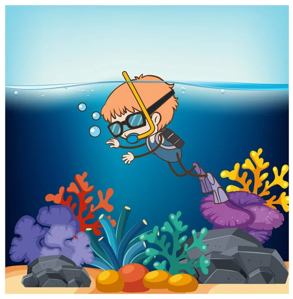 Pojke Dykning Havet Illustration — Stock vektor