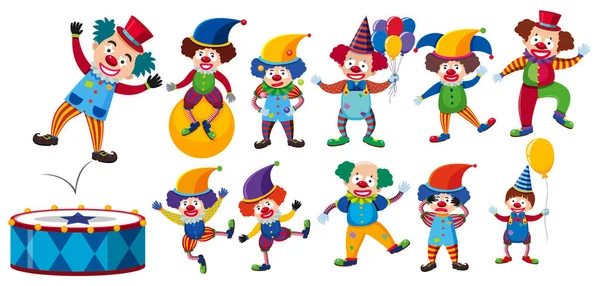 Ensemble Clowns Sur Fond Blanc Illustration — Image vectorielle