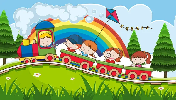 Kids Going Vacation Train Illustration — Stock Vector