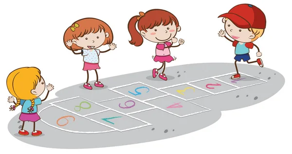 Kids Playing Hopscotch White Backgrounf Illustration — Stock Vector