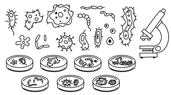 Illustration Ensemble Bactéries Doodle — Image vectorielle
