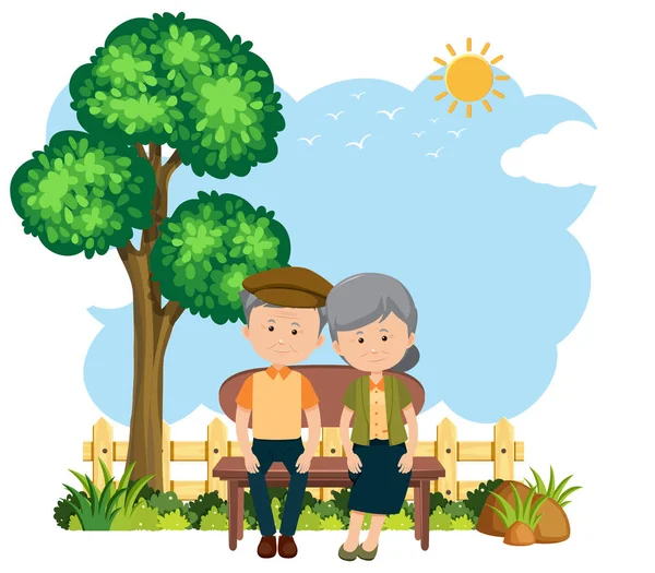 Lovely retired elderly couple sitting on bench in garden or yard ...