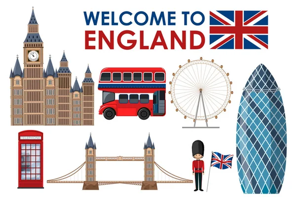 Bienvenido Ilustración Monumentos Inglaterra — Vector de stock