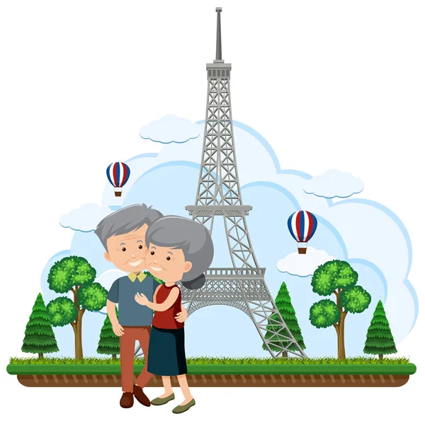 老年夫妇在埃菲尔铁塔前的插图 — 图库矢量图片