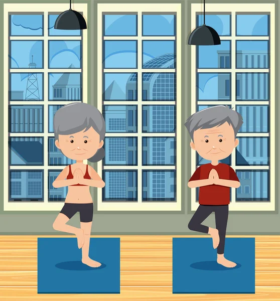 Friska Äldre Personer Gör Yoga Illustration — Stock vektor