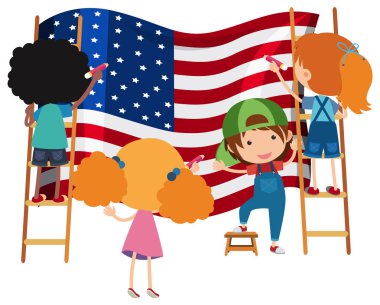 Çocuklar çizim Amerikan bayrağı üzerinde beyaz Backgrtound illüstrasyon