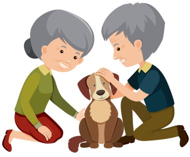 Yaşlı çift bir köpek çizim okşamaya