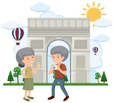 Paris illüstrasyon eski bir çift seyahat