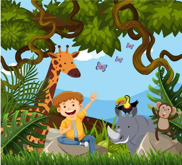 ジャングルの図に幸せな少年 — ストックベクタ