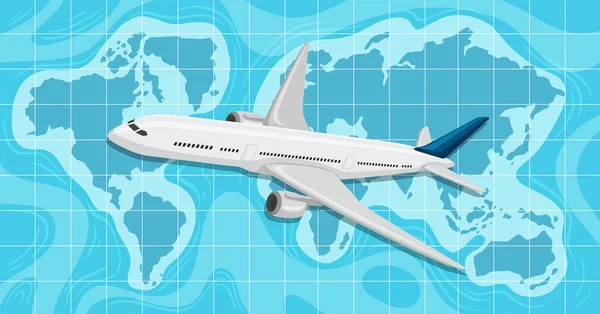 Samolot Leciał Nad Ilustracja Mapa Świata — Wektor stockowy