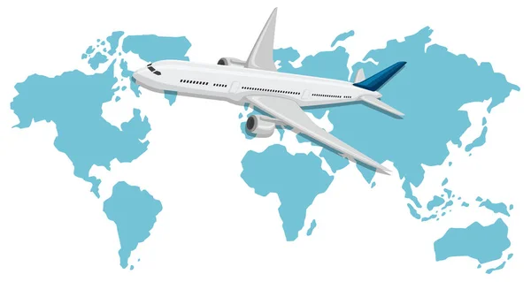 Avión Sobrevolando Mapa Del Mundo Ilustración — Vector de stock