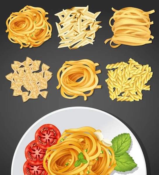 Olika Typer Pasta Och Pasta Dish Illustration — Stock vektor