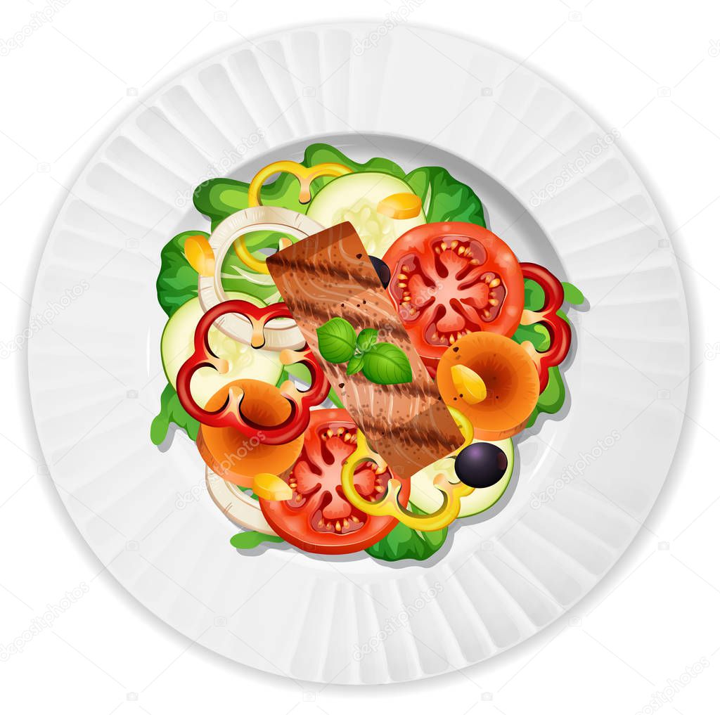 Top view of salad with salmon illustration