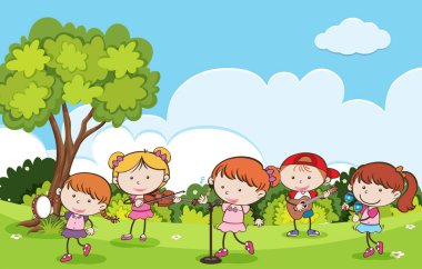 Çocuk müzik aletleri bir park çizimde oyun