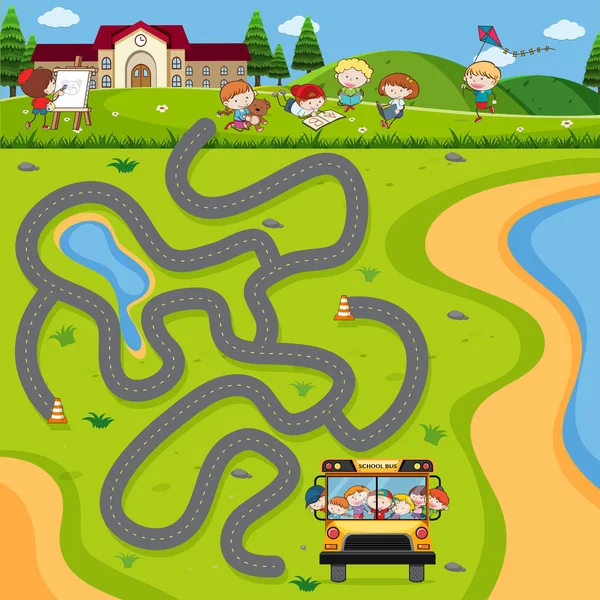 Školní Autobus Bludiště Hra Puzzle Obrázku — Stockový vektor